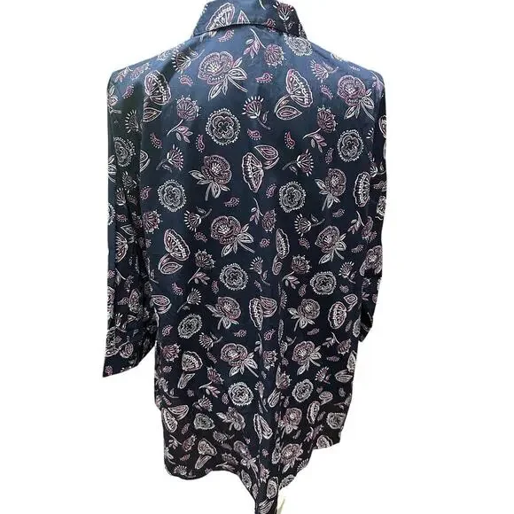 Woman Within Button Up Top L 18/20 Blue Floral 3/4 Sleeves Cotton Mature Casual - Picture 3 of 7